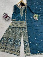 Teal Blue Color Chinon Silk Fabric Palazzo Suit