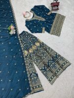 Teal Blue Color Chinon Silk Fabric Palazzo Suit