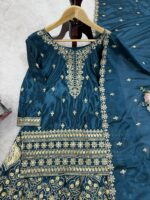 Teal Blue Color Chinon Silk Fabric Palazzo Suit