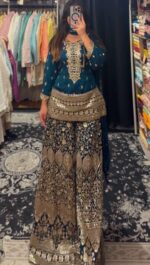 Teal Blue Color Chinon Silk Fabric Palazzo Suit