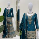 Teal Blue Color Chinon Silk Fabric Palazzo Suit