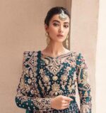 Teal Color Heavy Butterfly Net Beautiful Embroidery Work Bridal Gown