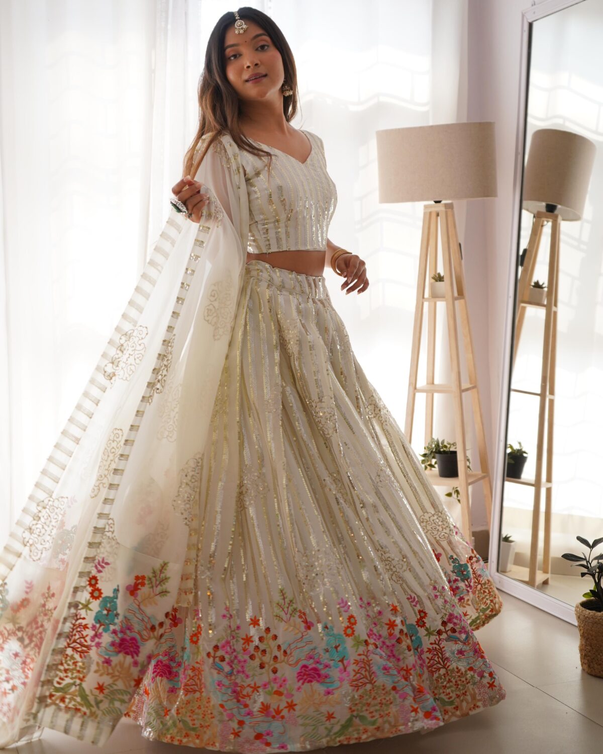 White Color Faux Georgette Fabric Thread With Sequence Work Lehenga-FDVKDSP33WHITE (1) White Color Faux Georgette Fabric Thread With Sequence Work Lehenga