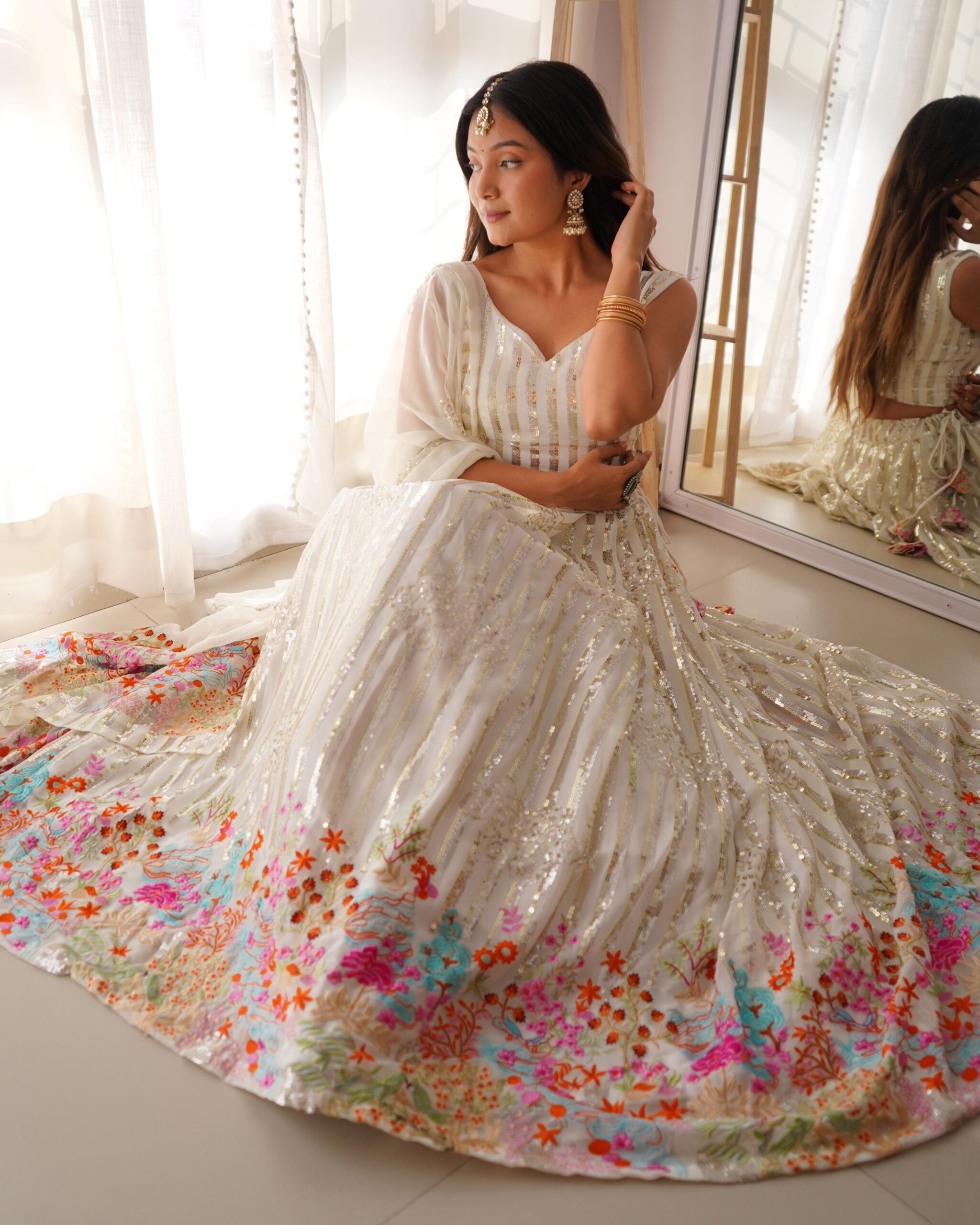 White Color Faux Georgette Fabric Thread With Sequence Work Lehenga