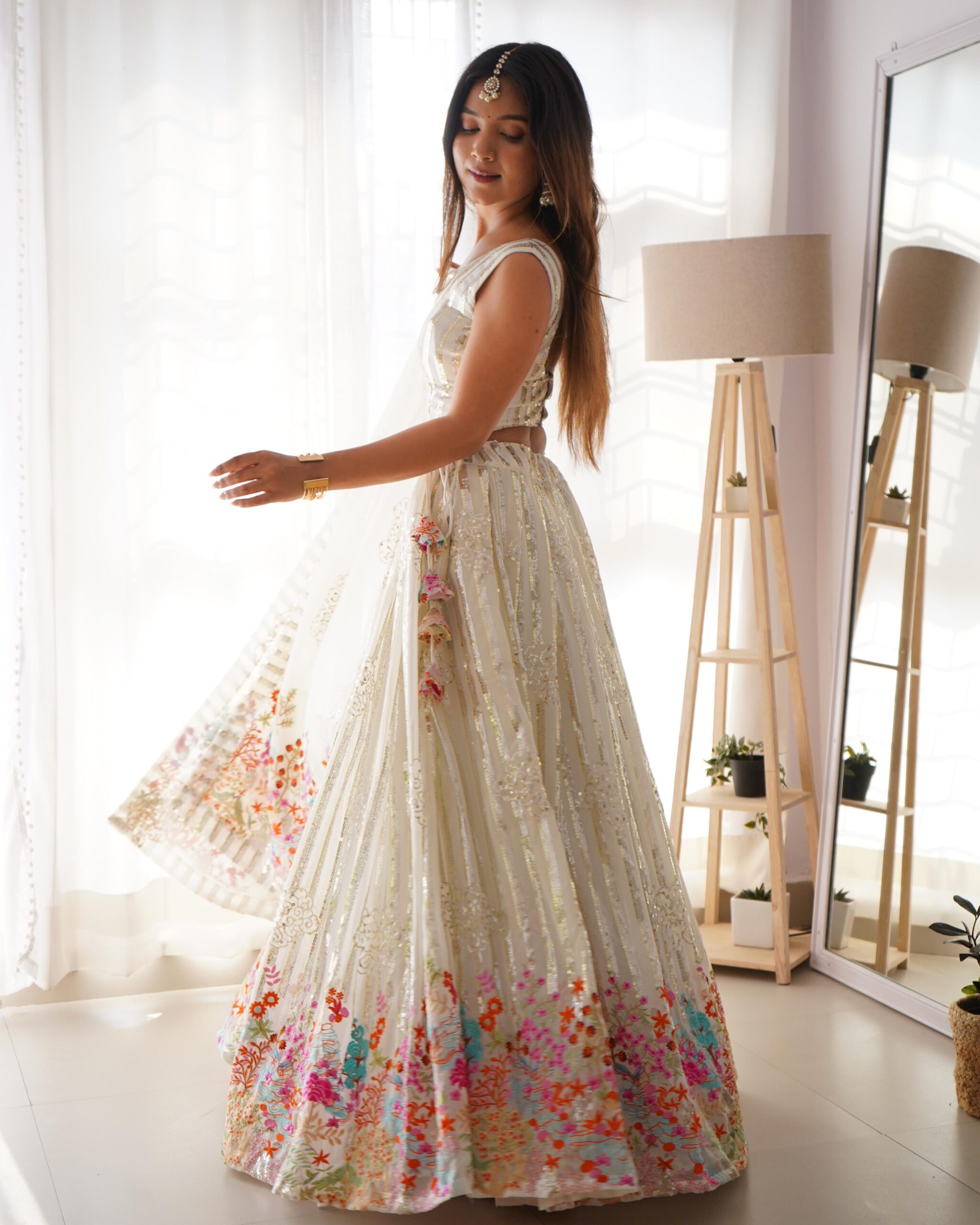 White Color Faux Georgette Fabric Thread With Sequence Work Lehenga