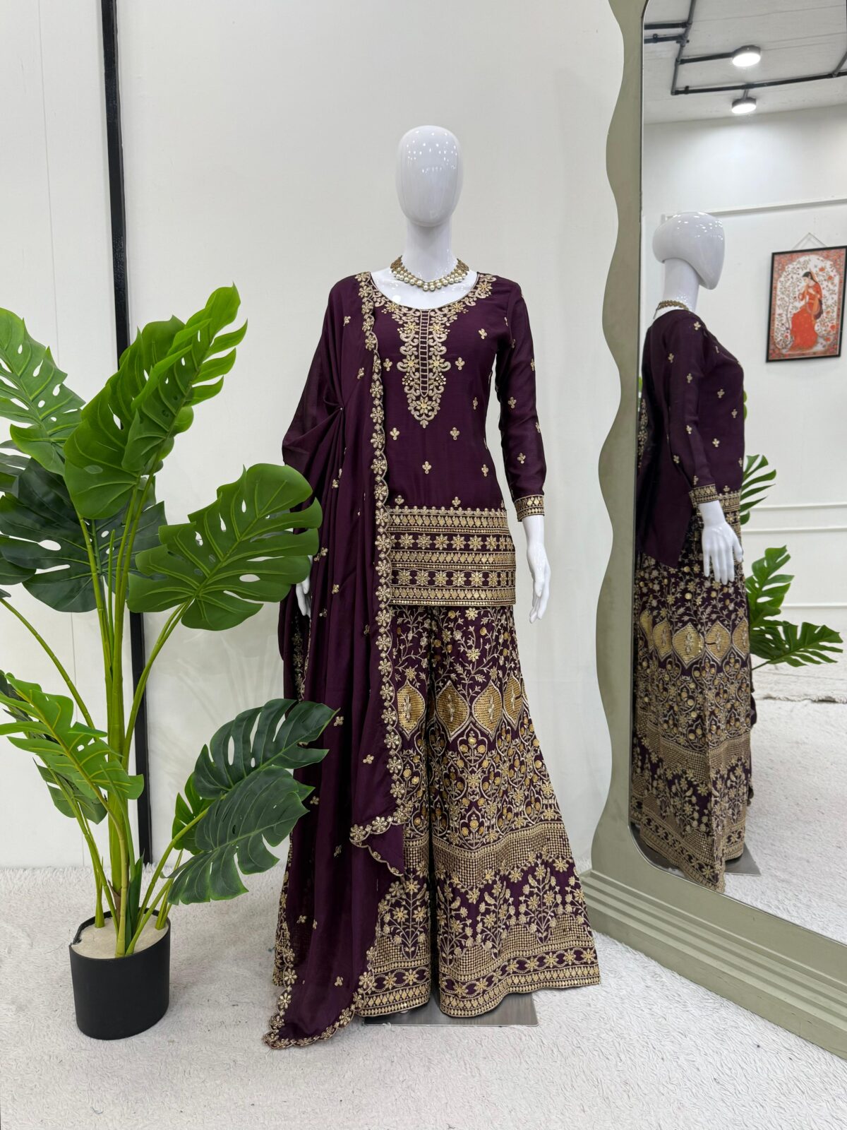 Wine Color Chinon Silk Fabric Palazzo Suit