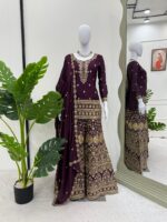Wine Color Chinon Silk Fabric Palazzo Suit