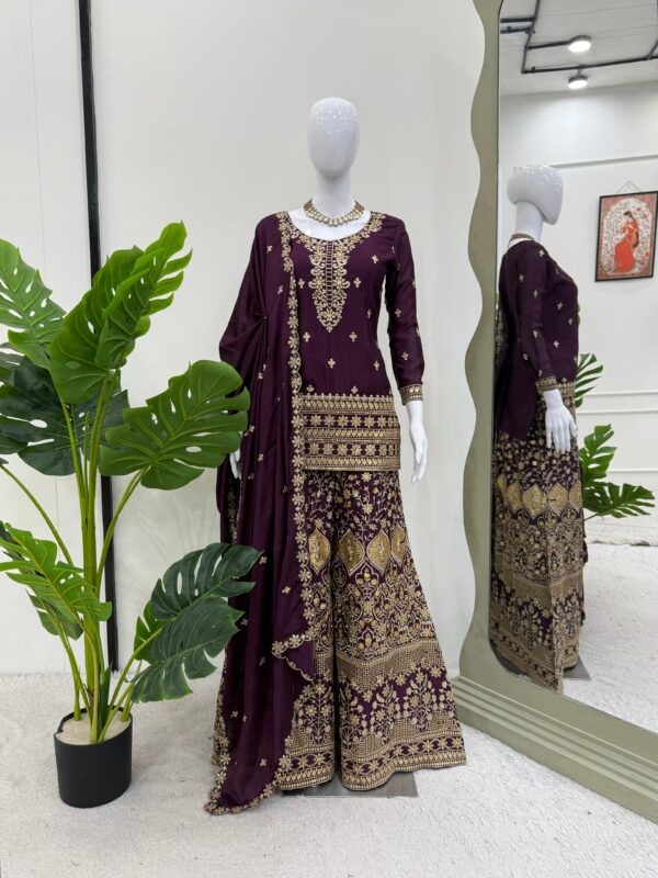 Wine Color Chinon Silk Fabric Palazzo Suit