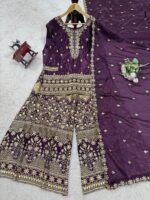 Wine Color Chinon Silk Fabric Palazzo Suit