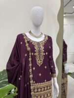Wine Color Chinon Silk Fabric Palazzo Suit
