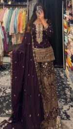 Wine Color Chinon Silk Fabric Palazzo Suit