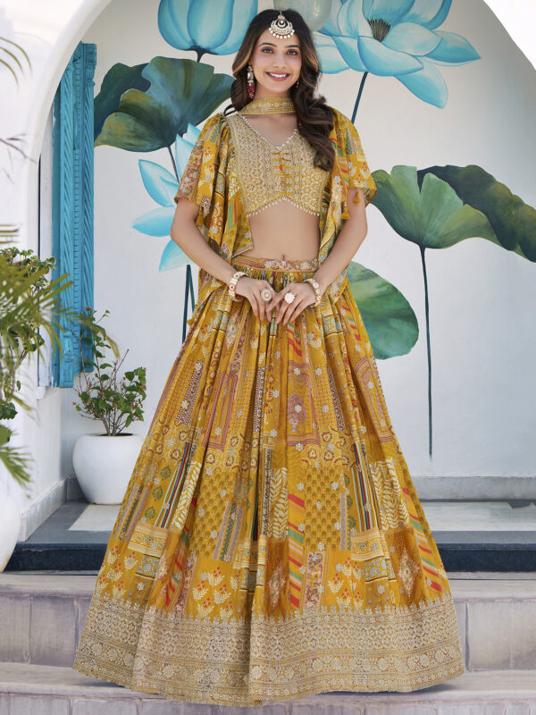Yellow Color Chinon Silk Fabric Digital Print Embroidery Work Lehenga