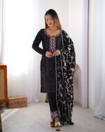 Black Color Chinon Silk Fabric Thread With Sequence Work Suit