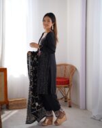 Black Color Chinon Silk Fabric Thread With Sequence Work Suit