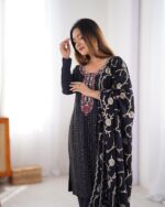 Black Color Chinon Silk Fabric Thread With Sequence Work Suit