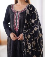 Black Color Chinon Silk Fabric Thread With Sequence Work Suit