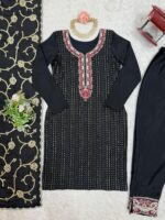 Black Color Chinon Silk Fabric Thread With Sequence Work Suit