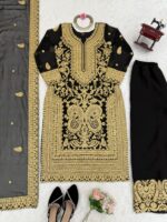 Black Color Faux Georgette Fabric Chain Stitch Work Palazzo Set
