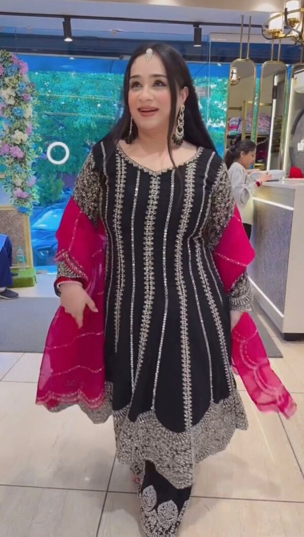 Black Color Faux Georgette Fabric Thread With Sequence Work Palazzo Suit