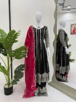 Black Color Faux Georgette Fabric Thread With Sequence Work Palazzo Suit