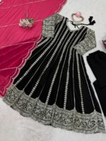 Black Color Faux Georgette Fabric Thread With Sequence Work Palazzo Suit