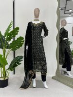 Black Color Faux Georgette Fabric With Real Mirror Work Suit