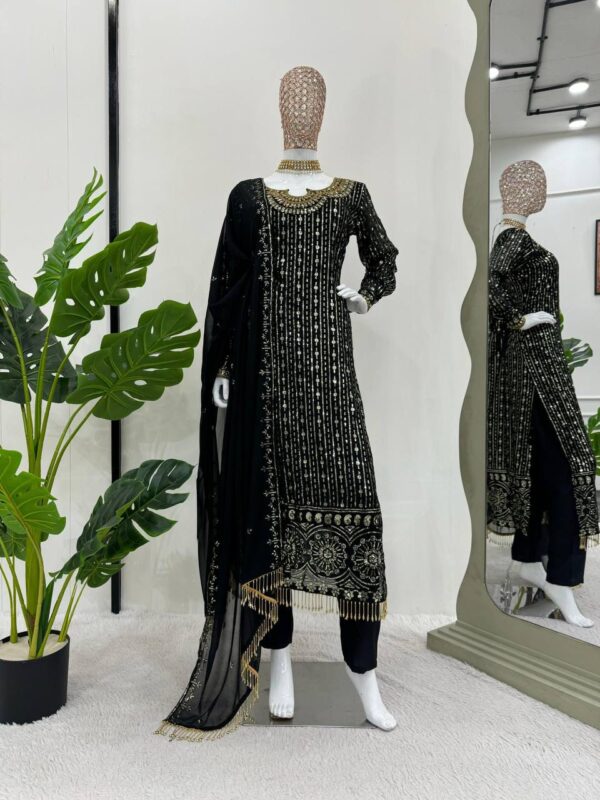 Black Color Faux Georgette Fabric With Real Mirror Work Suit