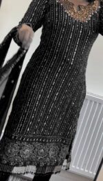 Black Color Faux Georgette Fabric With Real Mirror Work Suit