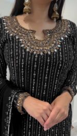 Black Color Faux Georgette Fabric With Real Mirror Work Suit