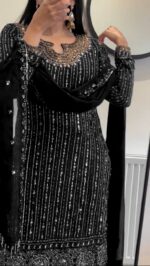 Black Color Faux Georgette Fabric With Real Mirror Work Suit