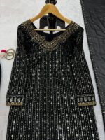 Black Color Faux Georgette Fabric With Real Mirror Work Suit