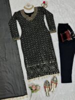 Black Color Faux Georgette Fabric With Real Mirror Work Suit