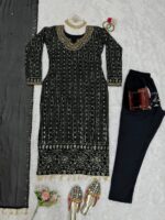 Black Color Faux Georgette Fabric With Real Mirror Work Suit
