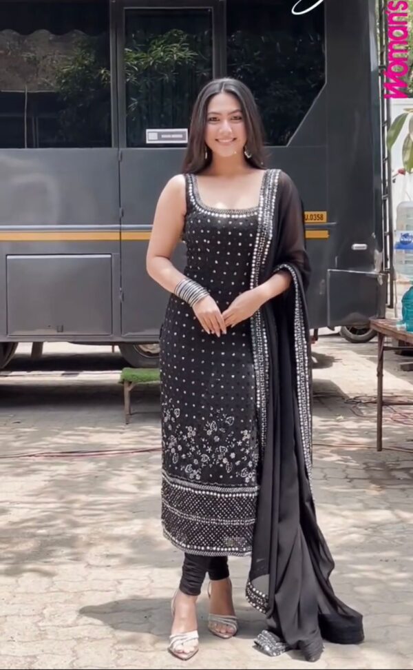 Black Color Faux Georgette Fabric With Real Mirror Work Suit