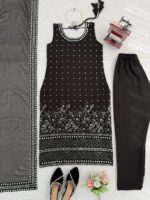 Black Color Faux Georgette Fabric With Real Mirror Work Suit