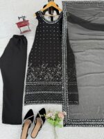 Black Color Faux Georgette Fabric With Real Mirror Work Suit