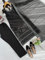 Black Color Faux Georgette Fabric With Real Mirror Work Suit