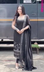 Black Color Faux Georgette Fabric With Real Mirror Work Suit