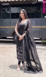 Black Color Faux Georgette Fabric With Real Mirror Work Suit