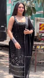 Black Color Faux Georgette Fabric With Real Mirror Work Suit