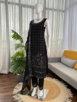 Black Color Faux Georgette Fabric With Real Mirror Work Suit