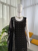 Black Color Faux Georgette Fabric With Real Mirror Work Suit