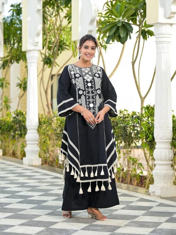 Black Color Rayon Cotton Fabric Thread With Real Mirror Work Palazzo Set