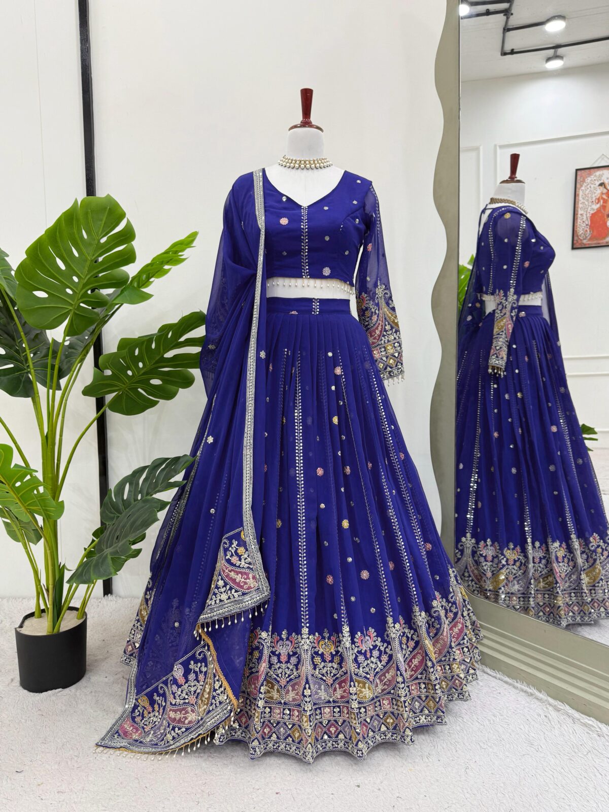 Blue Color Faux Georgette Fabric Thread With Sequence Work Lehenga