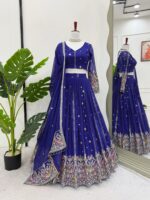 Blue Color Faux Georgette Fabric Thread With Sequence Work Lehenga