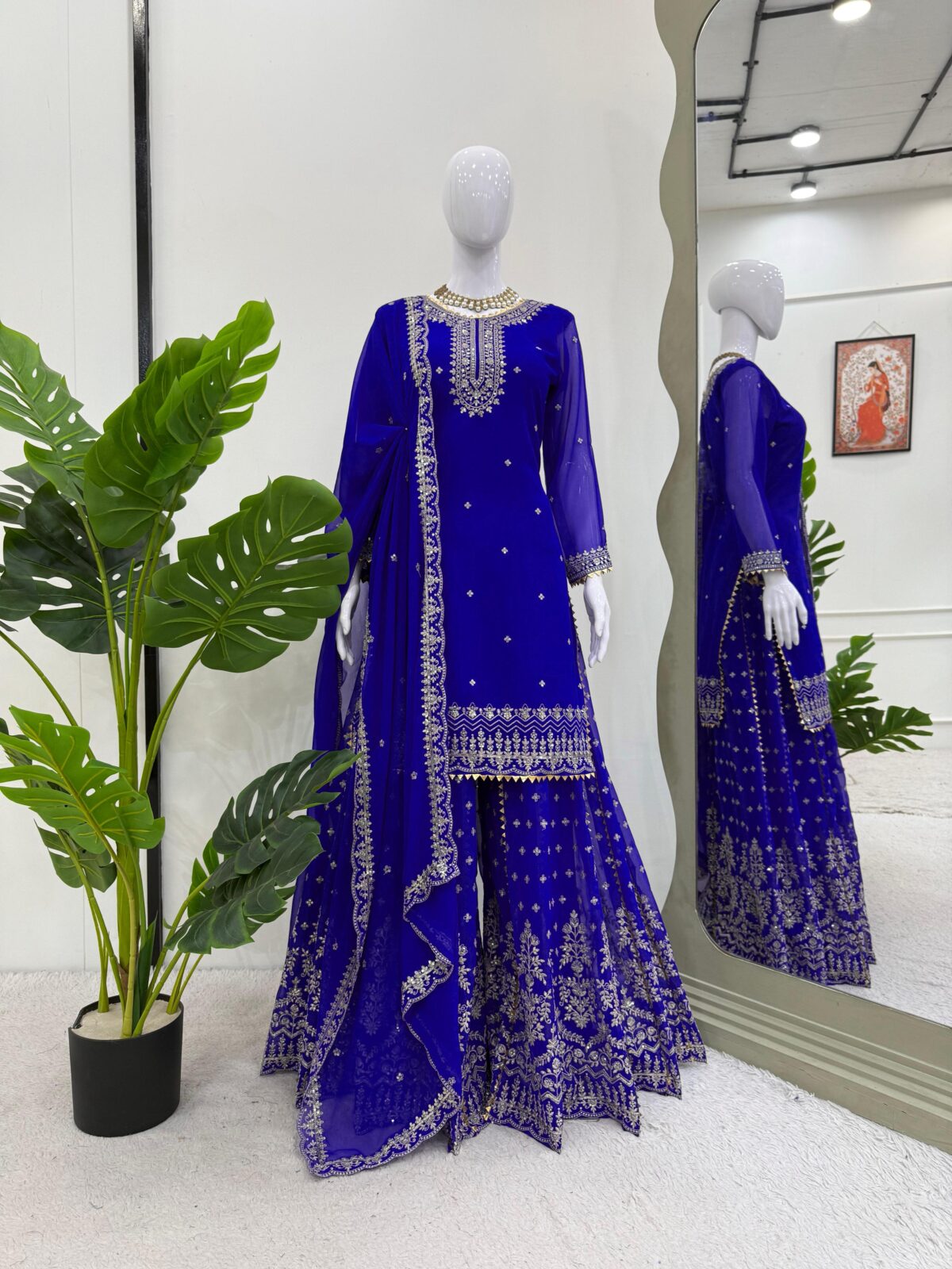Blue Color Faux Georgette Fabric Thread With Sequence Work Sharara Set