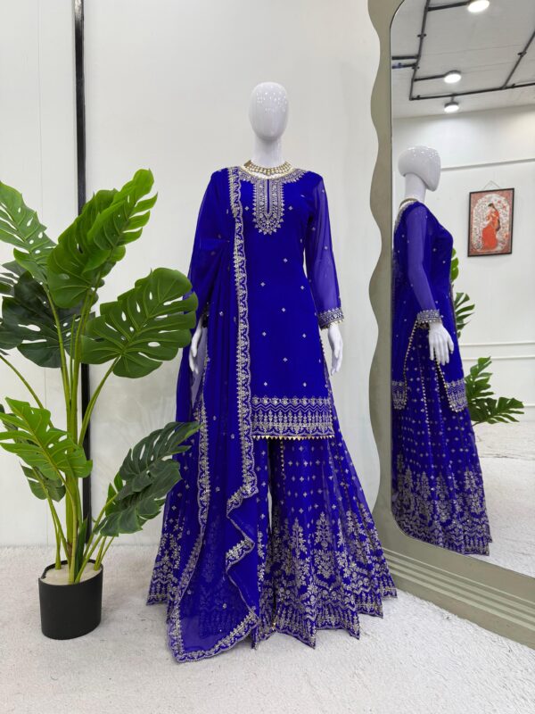 Blue Color Faux Georgette Fabric Thread With Sequence Work Sharara Set