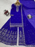 Blue Color Faux Georgette Fabric Thread With Sequence Work Sharara Set