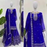 Blue Color Faux Georgette Fabric Thread With Sequence Work Sharara Set
