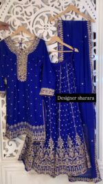 Blue Color Faux Georgette Fabric Thread With Sequence Work Sharara Set